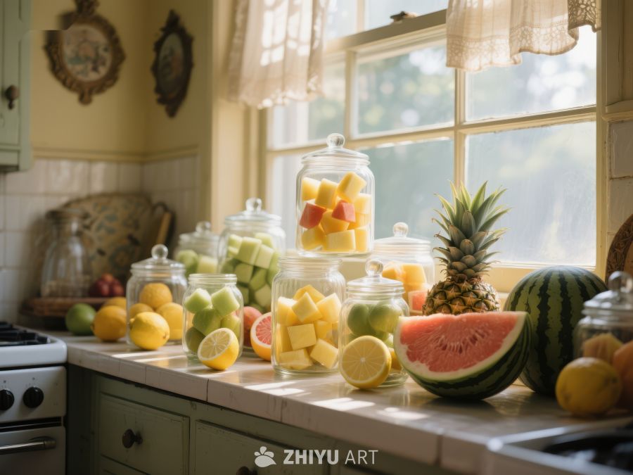 厨房窗边的水果与罐装美食 166