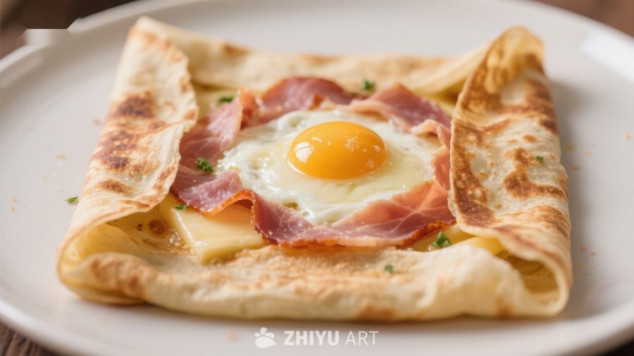 煎饼配蛋与火腿的美味早餐
