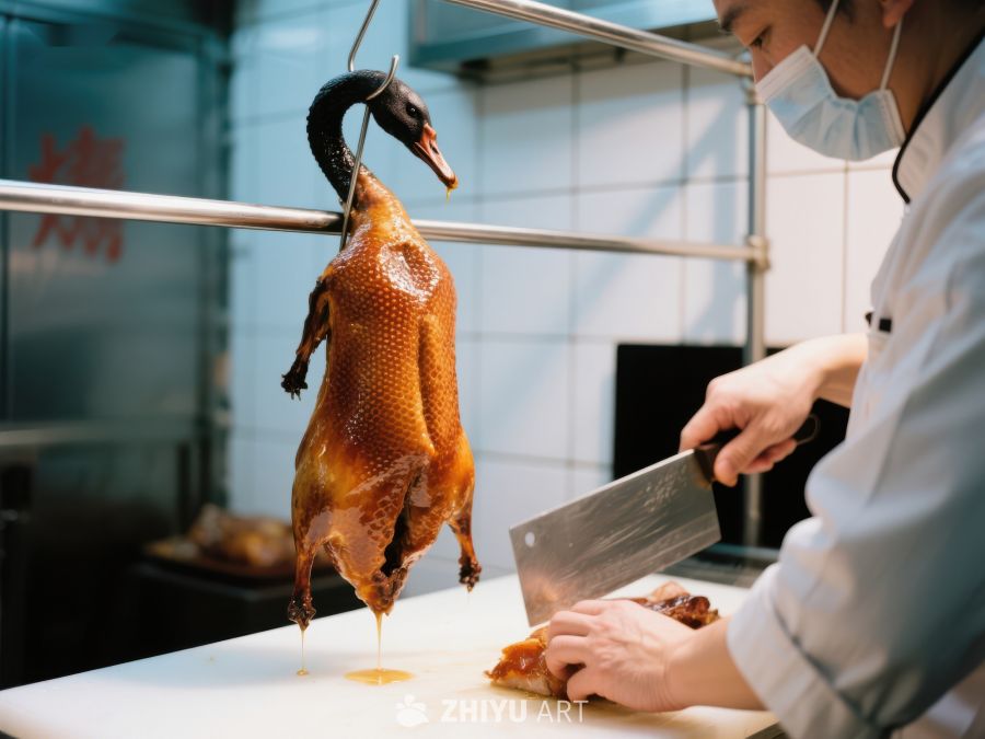 厨师切割烤鸭，传统美食制作 80