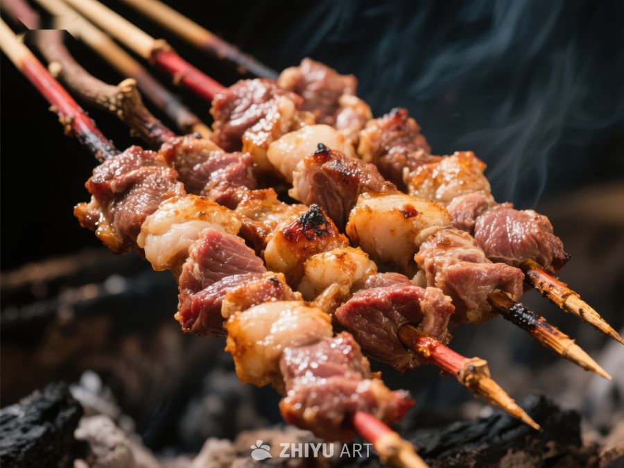 美味烤肉串，炭火上的诱人美食