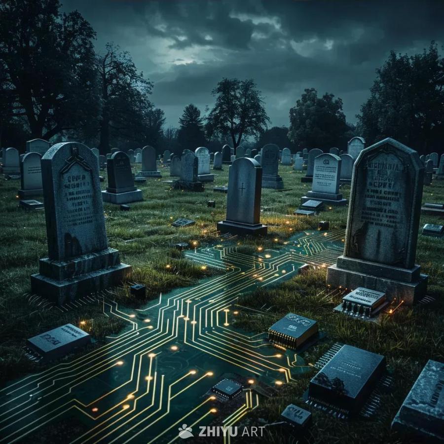 墓地里，墓碑林立，地面由类似主板的互连线构成，散落
