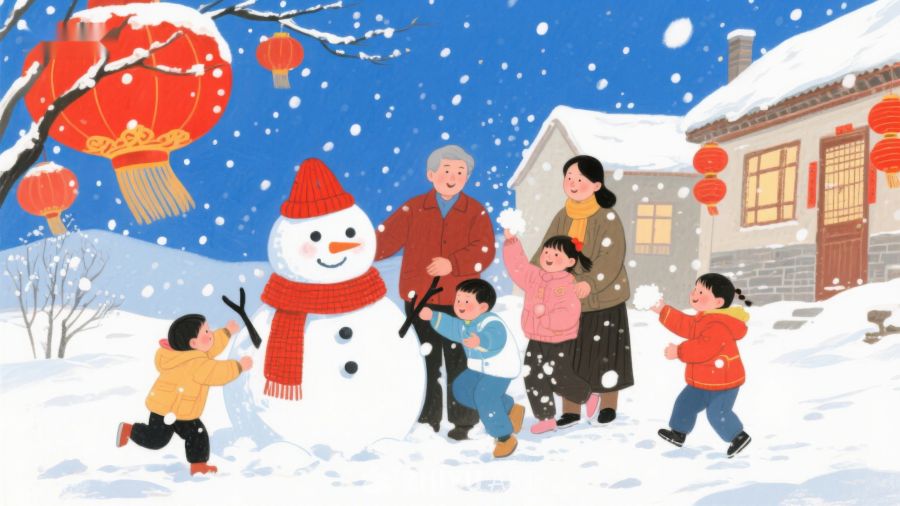 冬日家庭雪地堆雪人 152