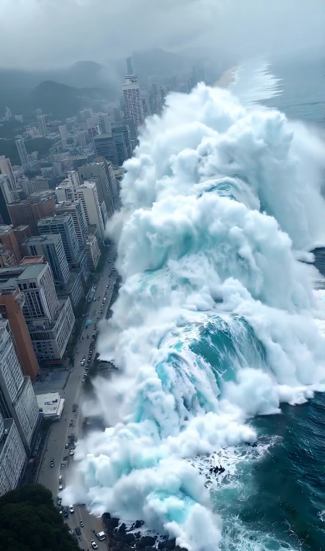 巨浪侵袭城市海岸线，建筑物车辆受威胁