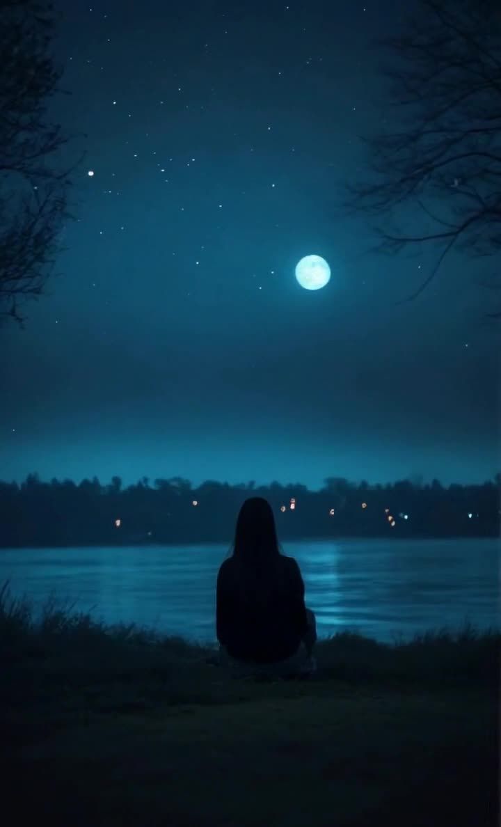 一位女性坐在草地上，背对着观众，凝视着夜空。夜空中