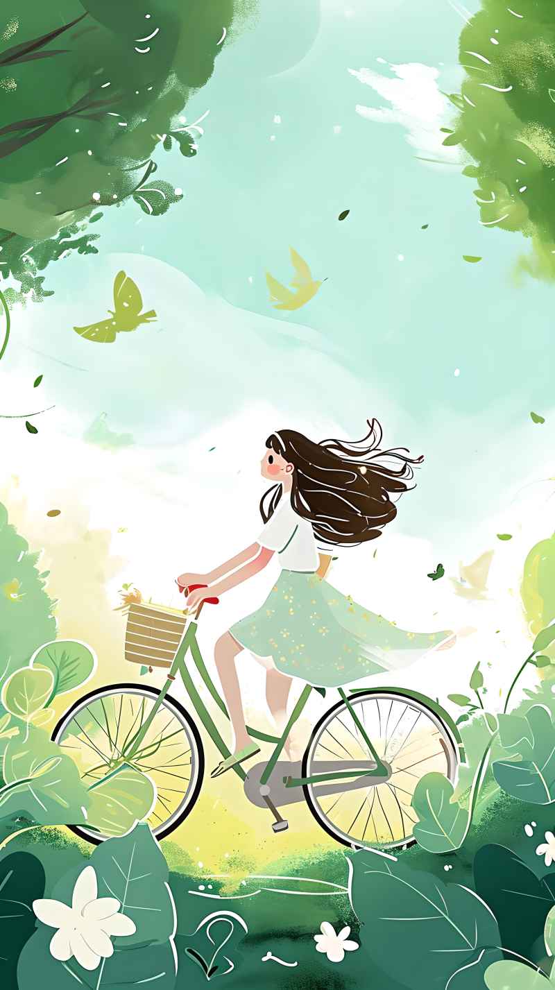 在自行车上的一个卡通女孩，在自然启发的意象 18