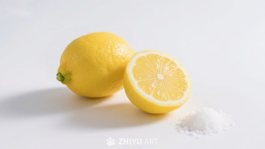 新鲜柠檬与盐粒的静物组合