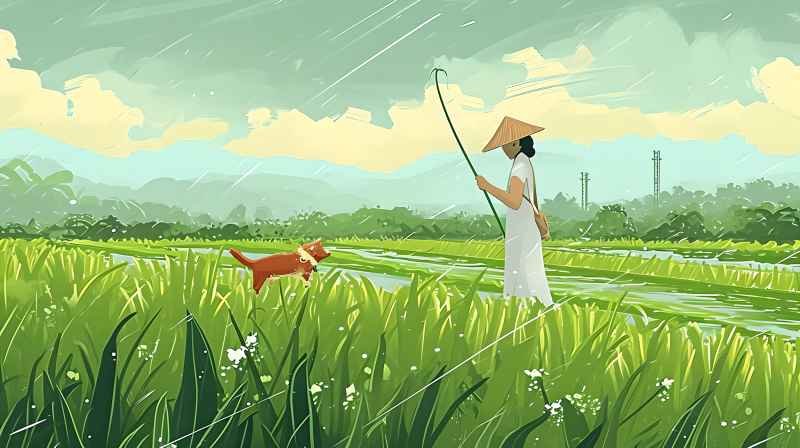 女人站在稻田与狗绿色插画 21