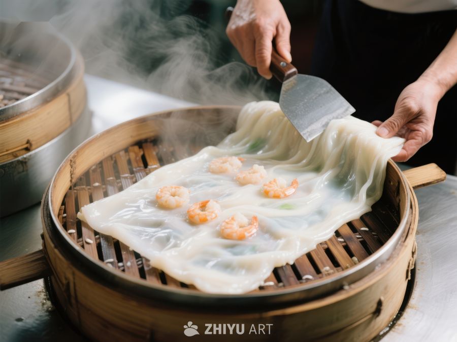 蒸笼中的虾仁肠粉制作 1379