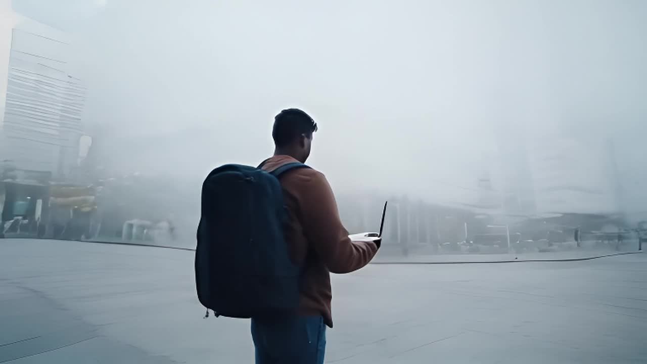 一名男子背着背包站在灰色城市景观中，他正看着手中的