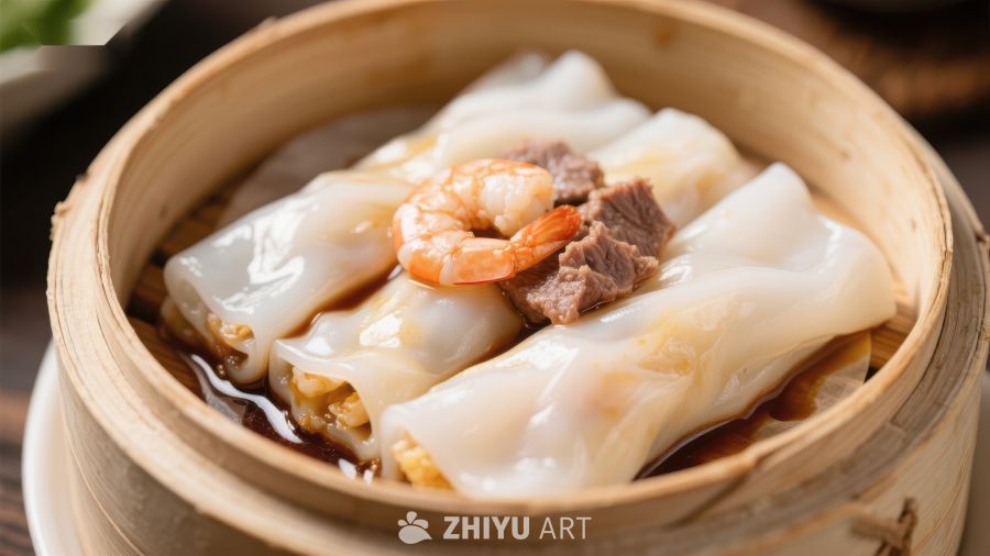 鲜虾牛肉肠粉，传统蒸笼美食