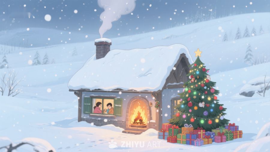 雪夜小屋与圣诞树 438