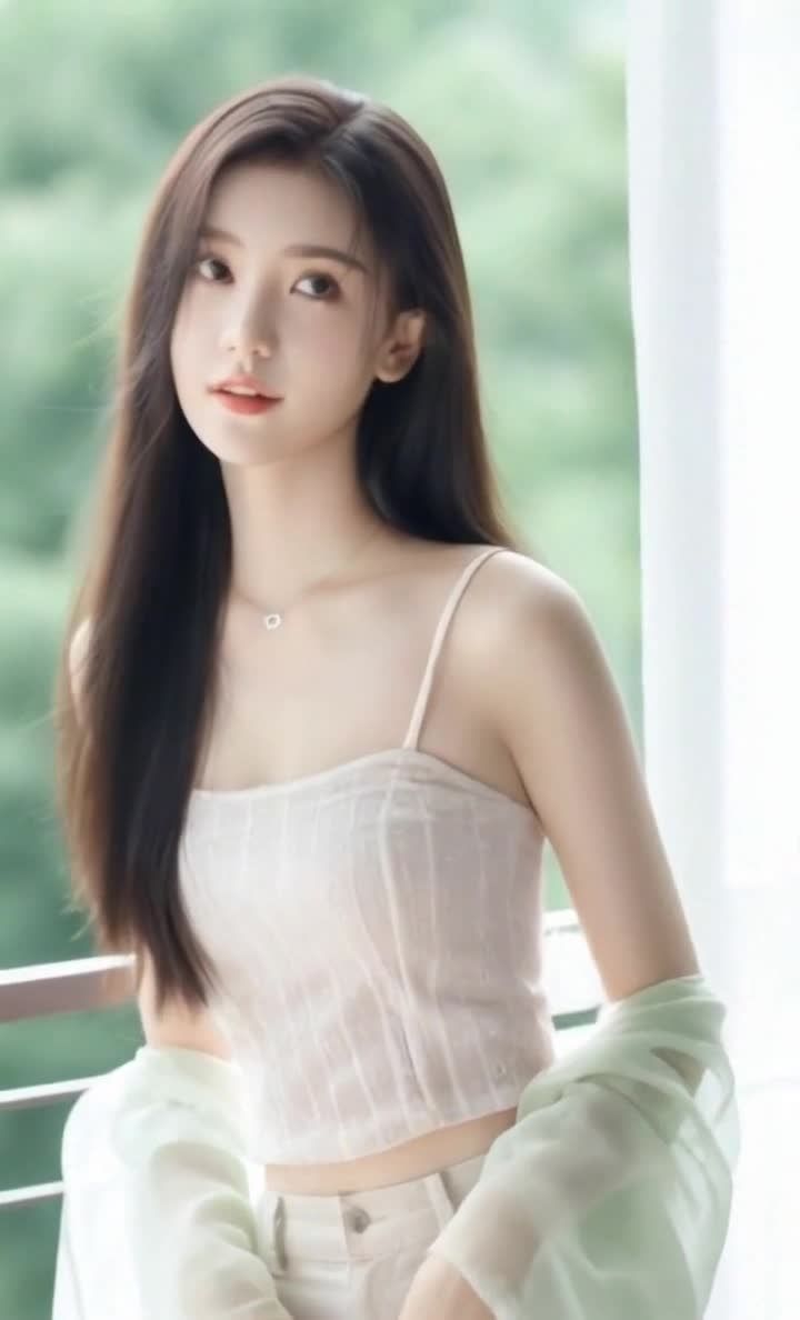 一位年轻女子站在阳台上。她穿着一件白色吊带背心和白