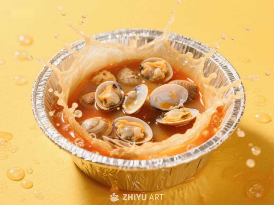热气腾腾的蛤蜊汤溅起水花