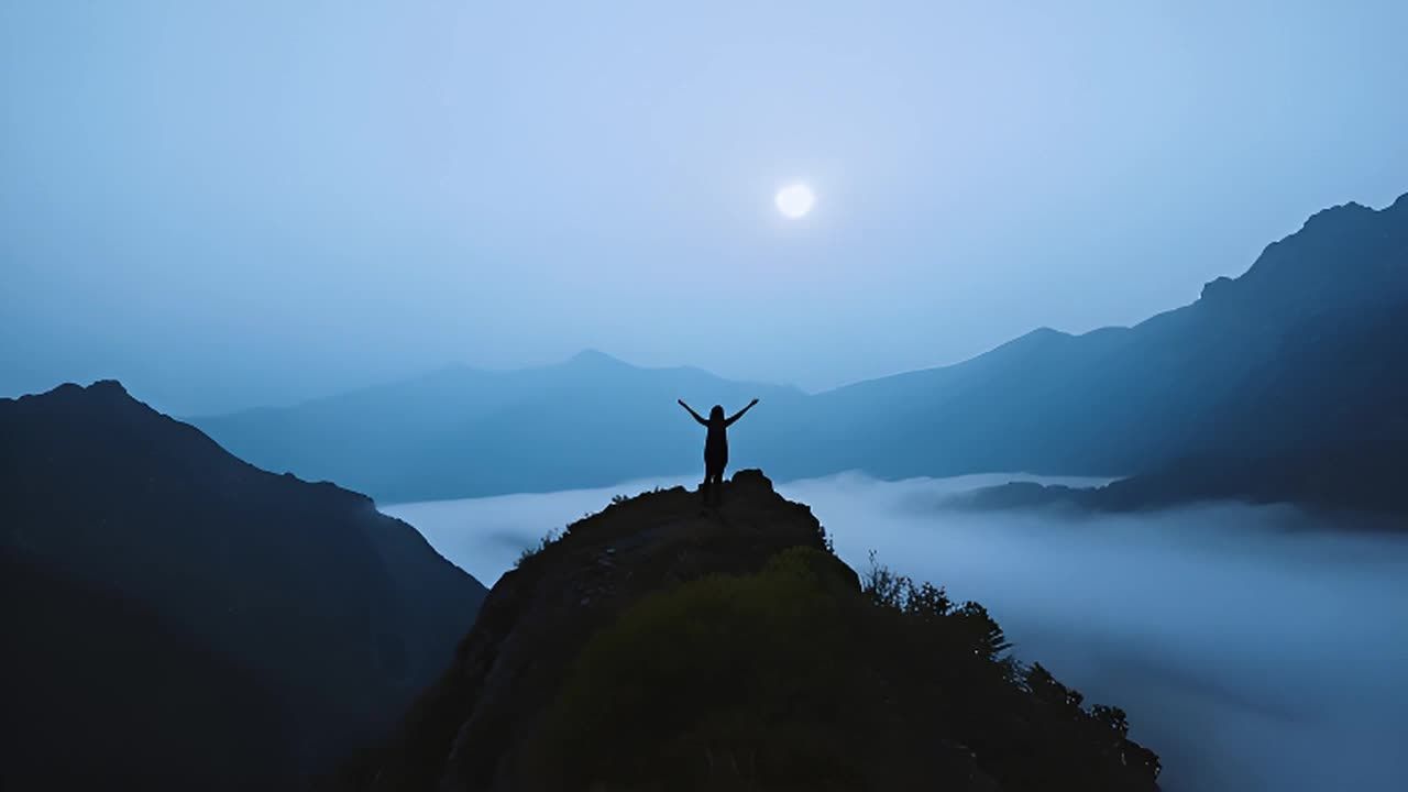 山顶上，一位女子张开双臂向着天空祈祷。她的身影在月