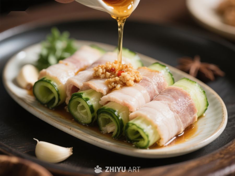 蒜泥白肉卷配黄瓜，淋上香油 1437