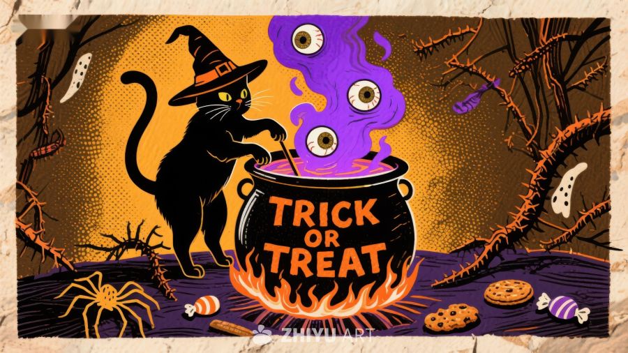 万圣节黑猫与魔法锅