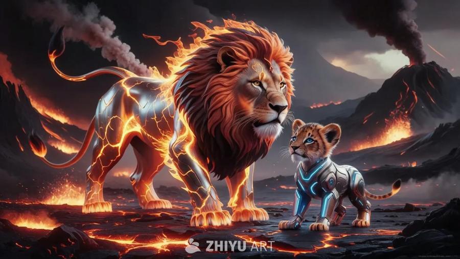 一头熔岩雄狮，身体散发着橙红色熔岩裂纹的光芒，鬃毛