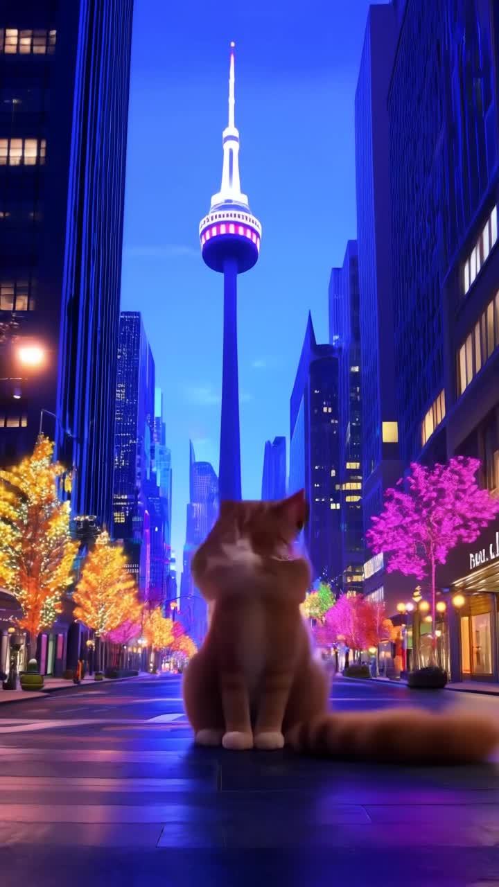 一只毛茸茸的猫坐在央街上，仰望着背景中高耸的加拿大