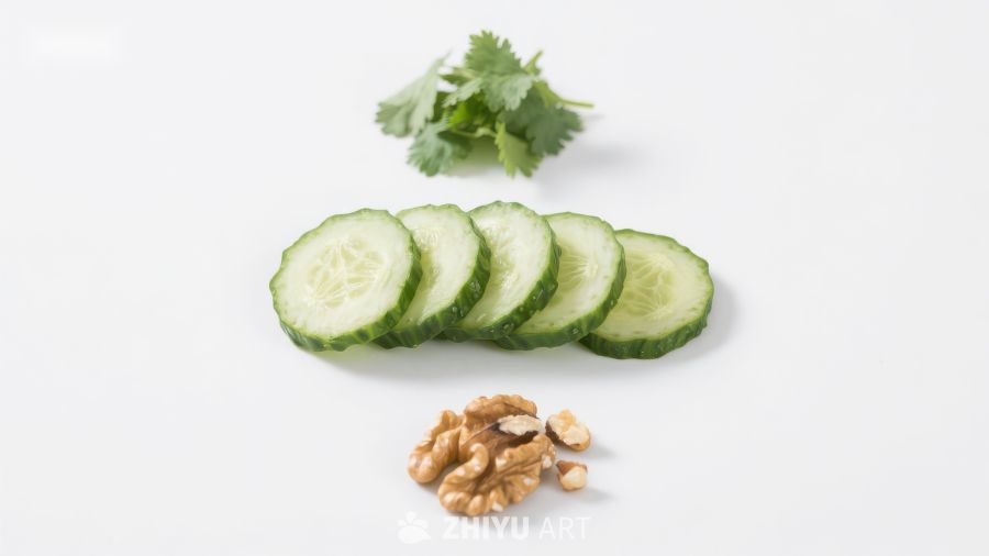 切片黄瓜、核桃与香菜的组合