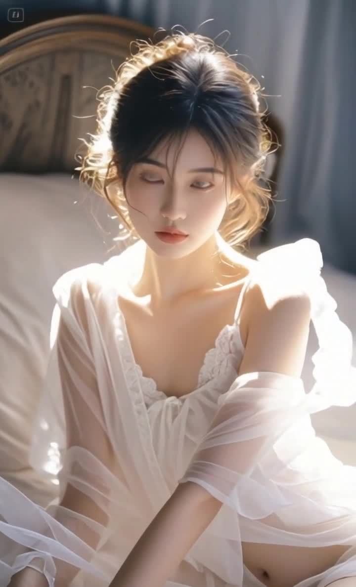 窗前女子着透明睡袍，唯美舒适的光影氛围