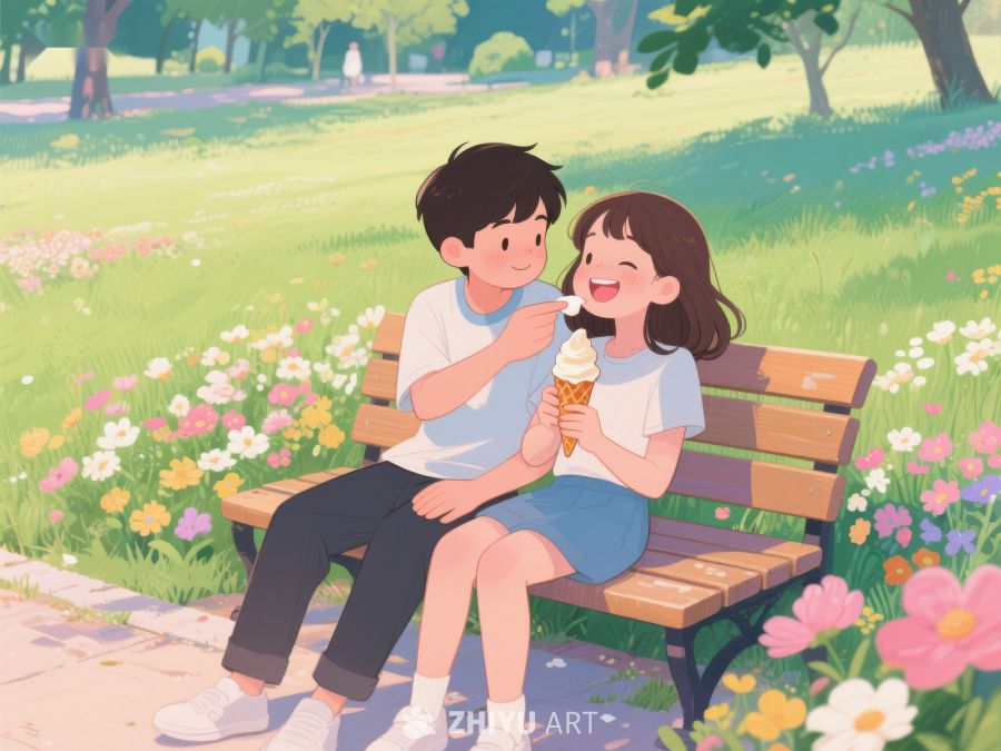 公园长椅上分享冰淇淋的年轻情侣 214