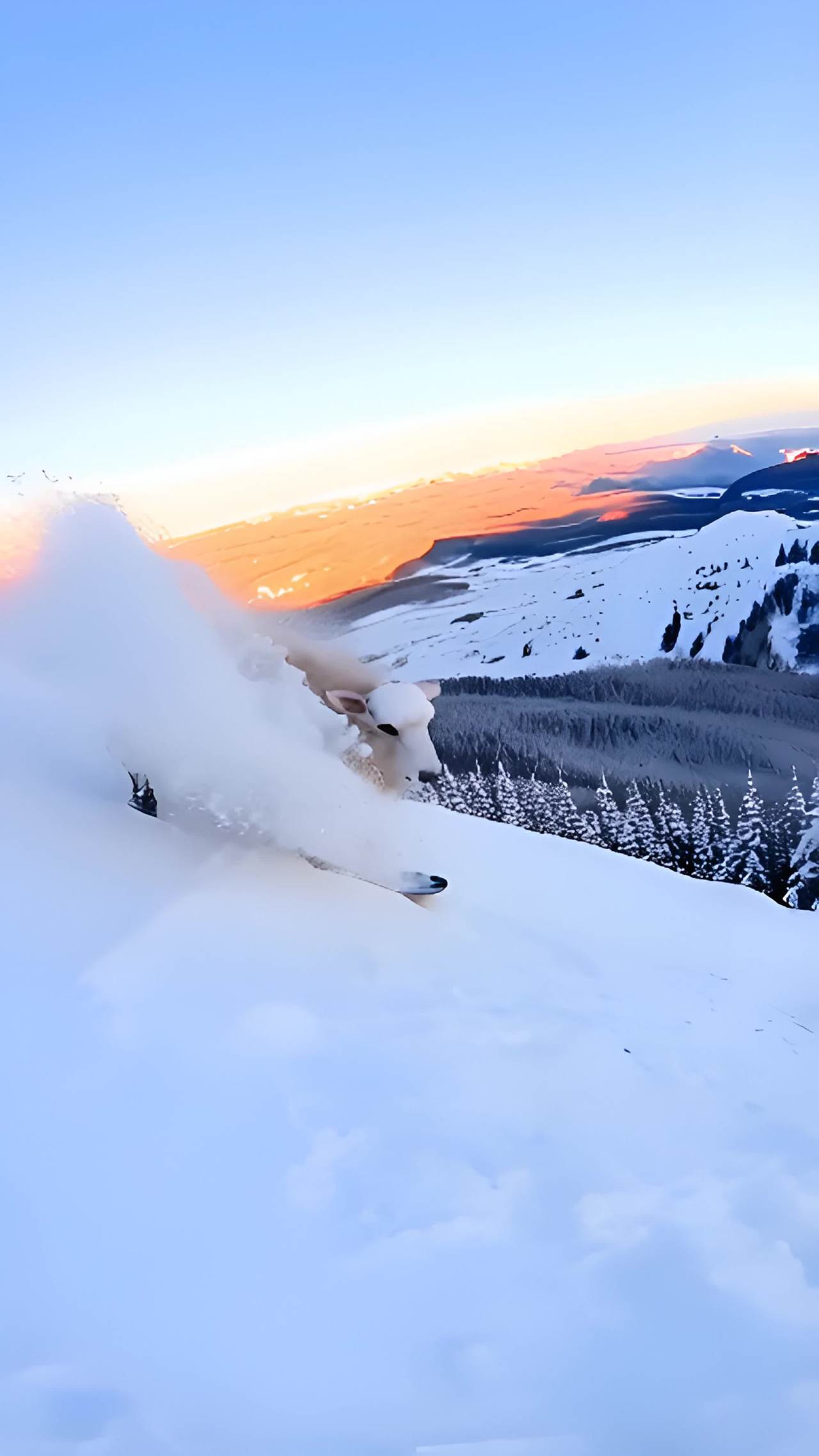 羊站在滑雪板上，从覆盖着雪的山坡上滑下来。羊的毛皮被雪覆盖，随着滑雪板穿过粉末状的雪，雪花四溅。太阳为这个场景投下了金色的光芒