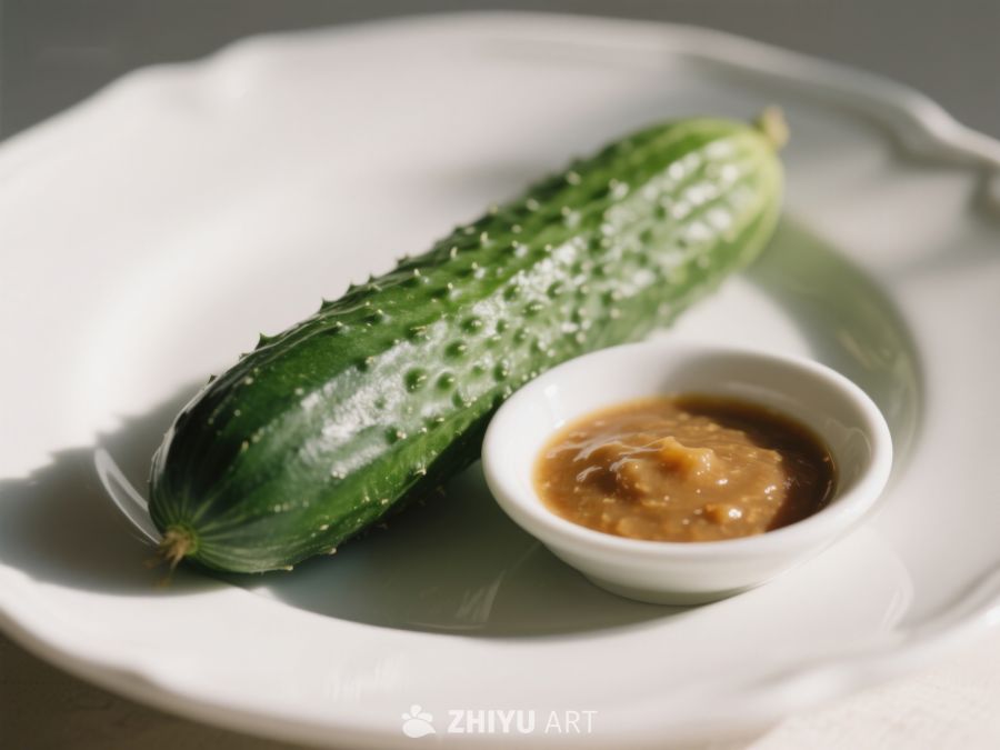 新鲜黄瓜配酱料，简约美食摆盘 434