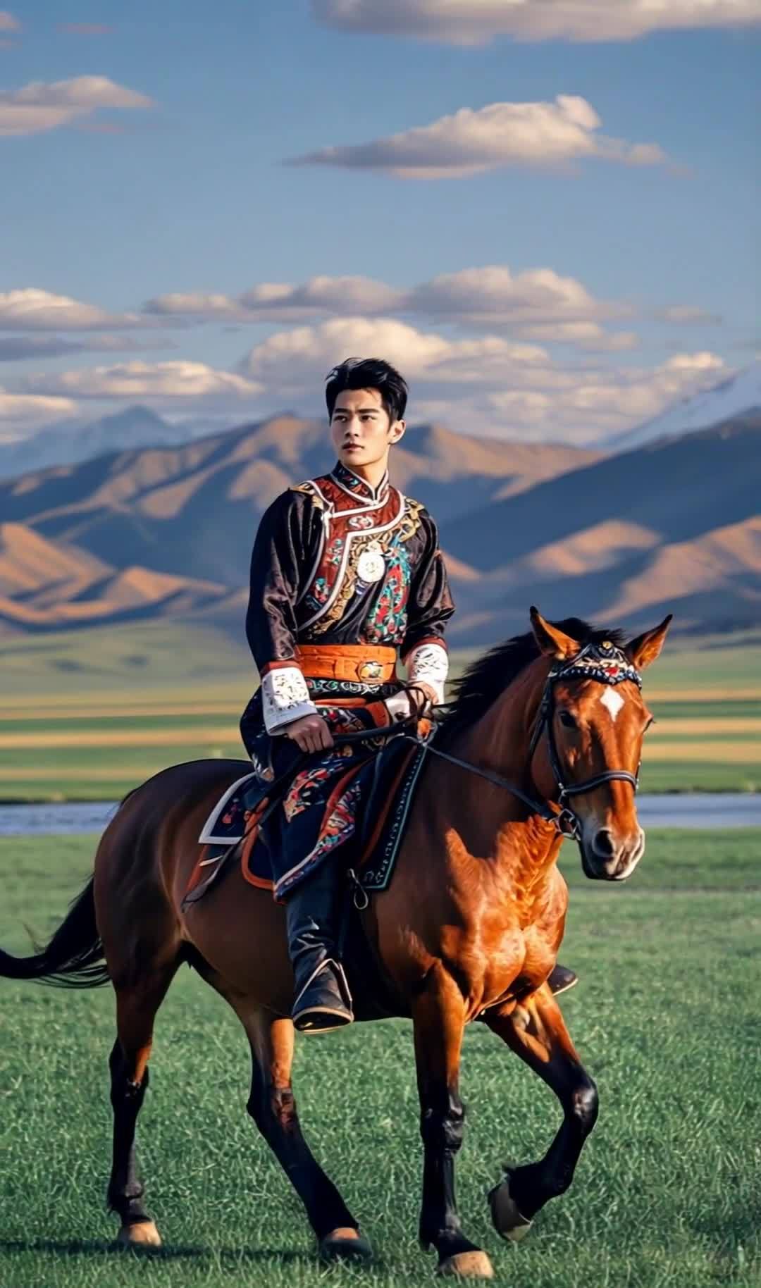 一名身着蒙古族服饰的男子骑着一匹棕色的马，在绿色的
