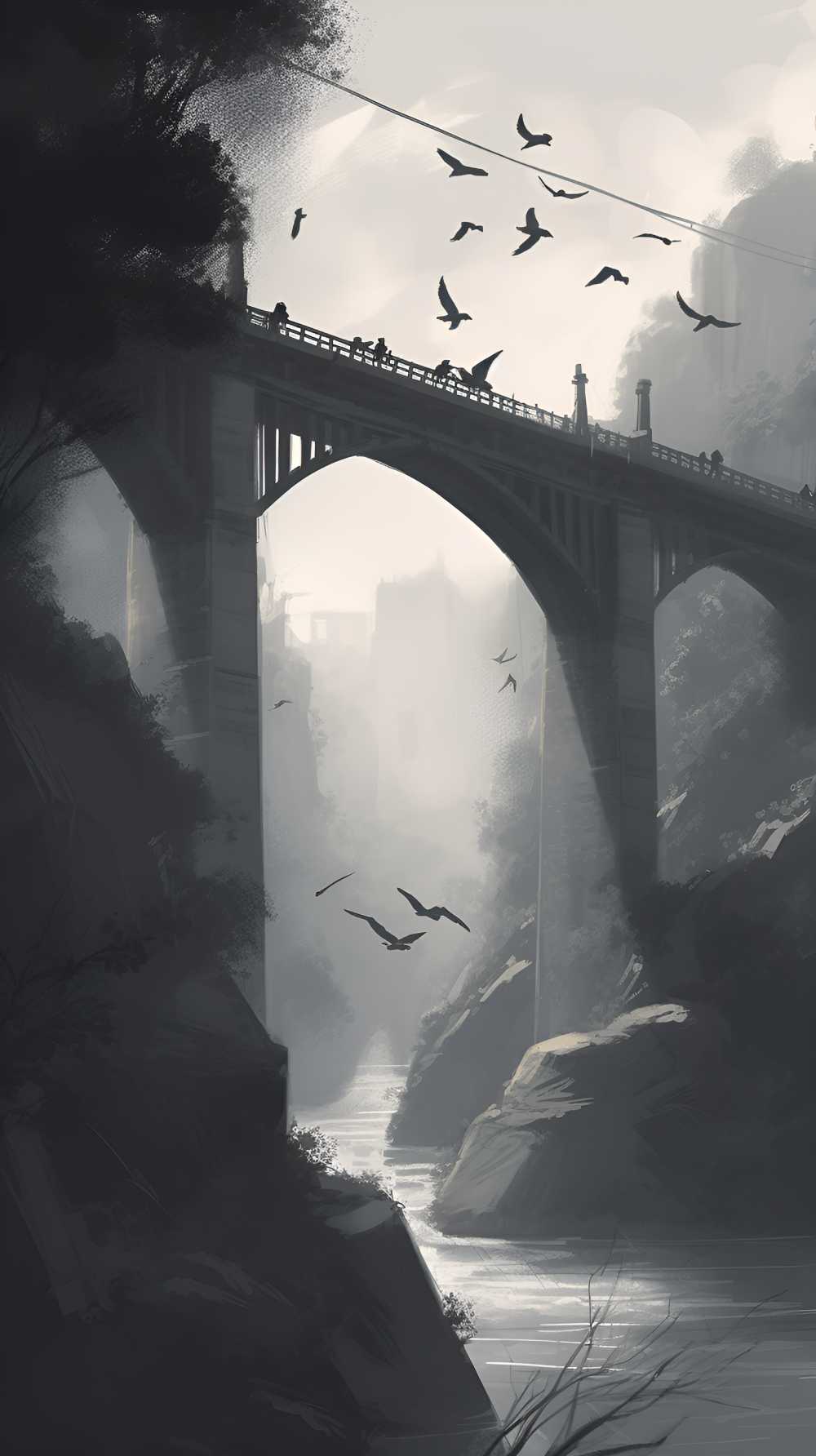 古风黑白桥山水画