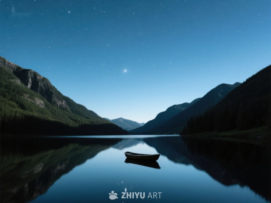 夜空下的静谧湖面与独木舟 346
