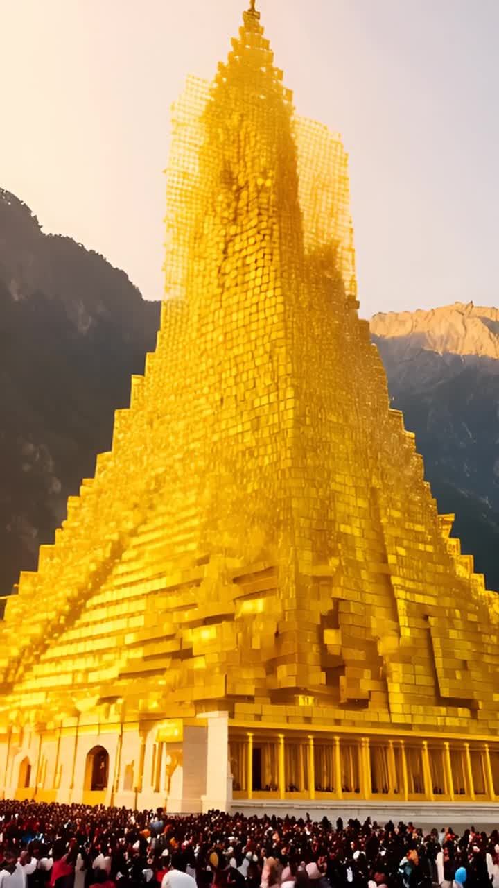 一个由许多金色小方块组成的巨大金色结构，位于山地环