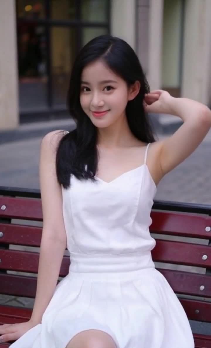 长发美女街边长椅微笑，白色吊带裙。