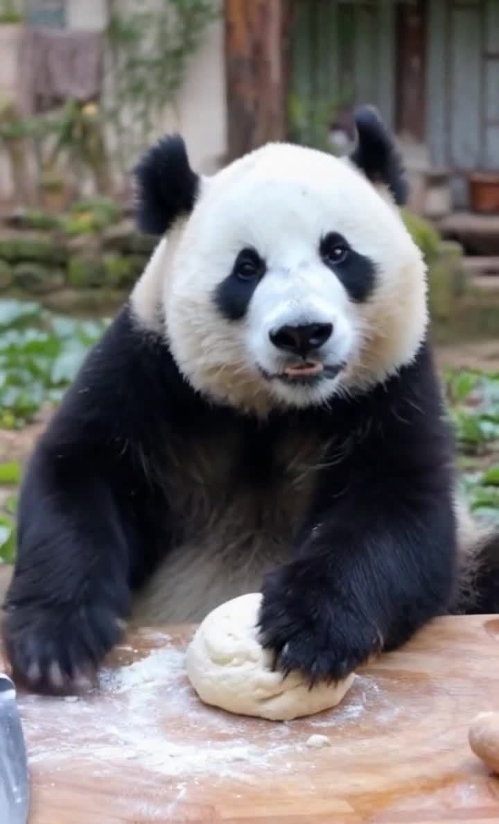 熊猫菜园揉面团准备做面食