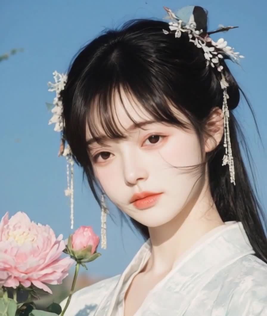 古风女子手捧粉色花，蓝天背景，长发头饰。