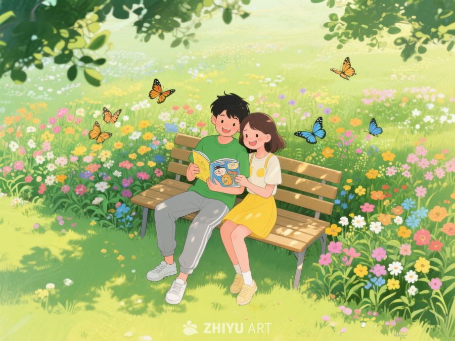 花丛中阅读的两人 332