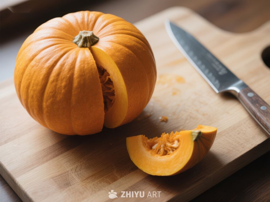 切开的南瓜放在砧板上 299