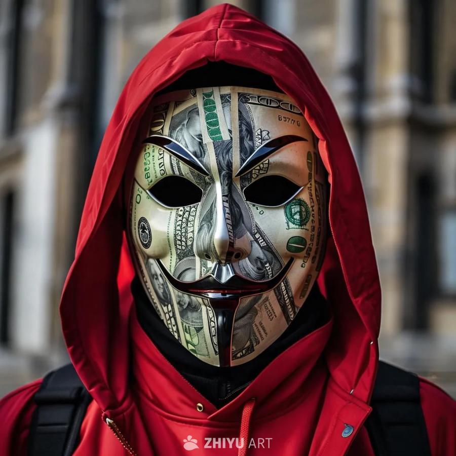 一个人戴着一个由美元组成的盖伊·福克斯面具，穿着一