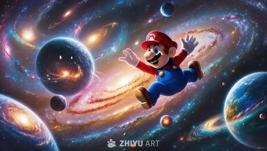 在星光璀璨的星系中，一个标志性人物马里奥漂浮在充满