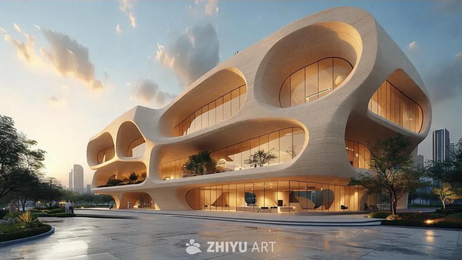 一座参数化设计的建筑，建筑主体呈土色，建筑周围环绕