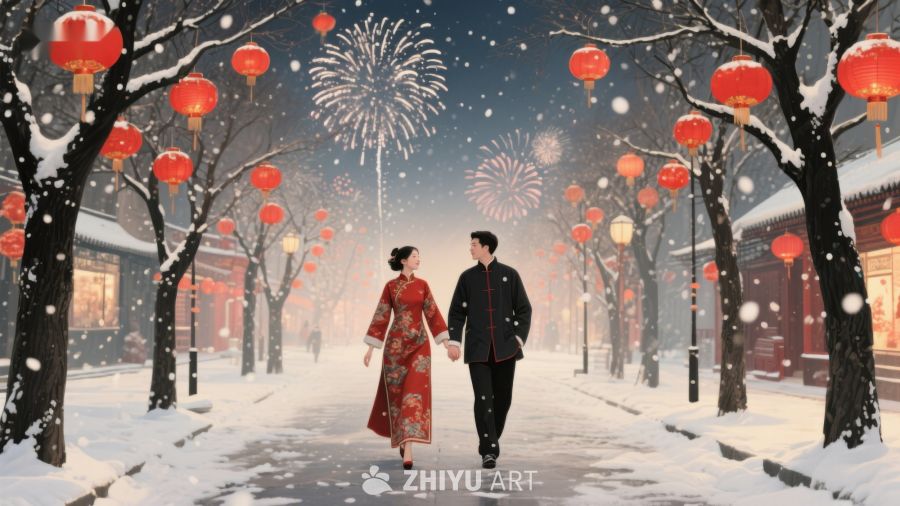 冬夜街头，情侣共赏烟花 193