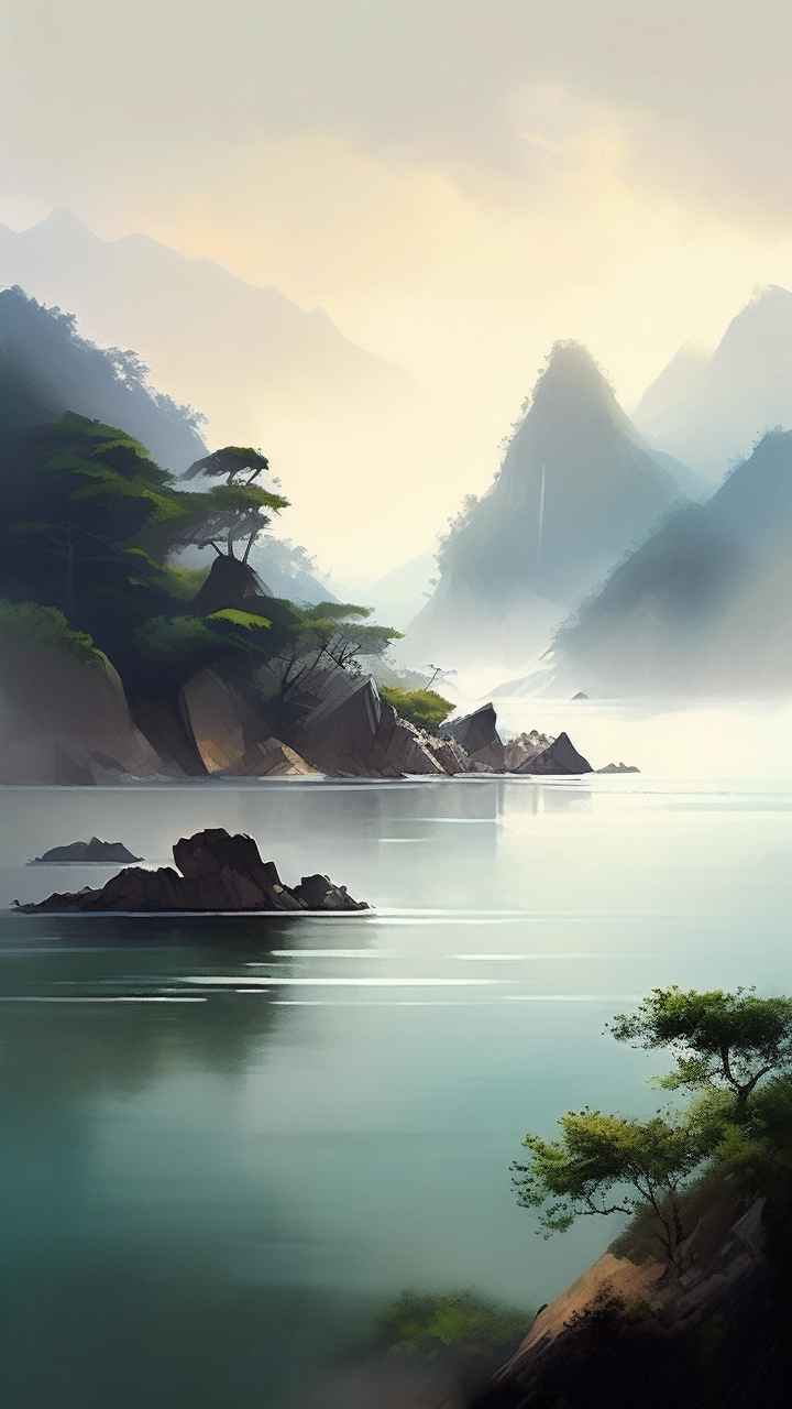 雾气缭绕大海山水画简约风格 9