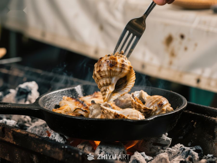 烧烤海鲜：铁锅中的美味螺肉