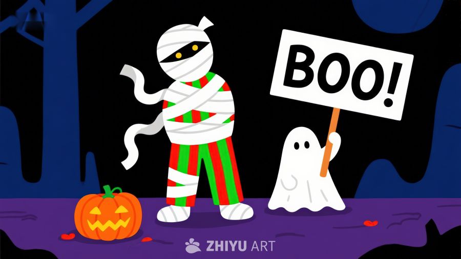 万圣节木乃伊与幽灵手持‘BOO!’标语