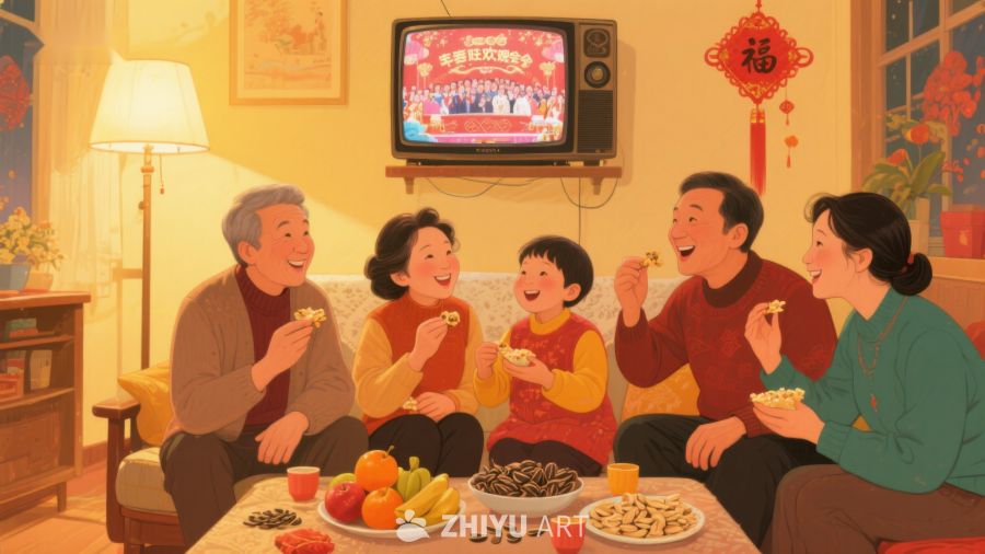 家庭欢聚观看电视，共享美食 476