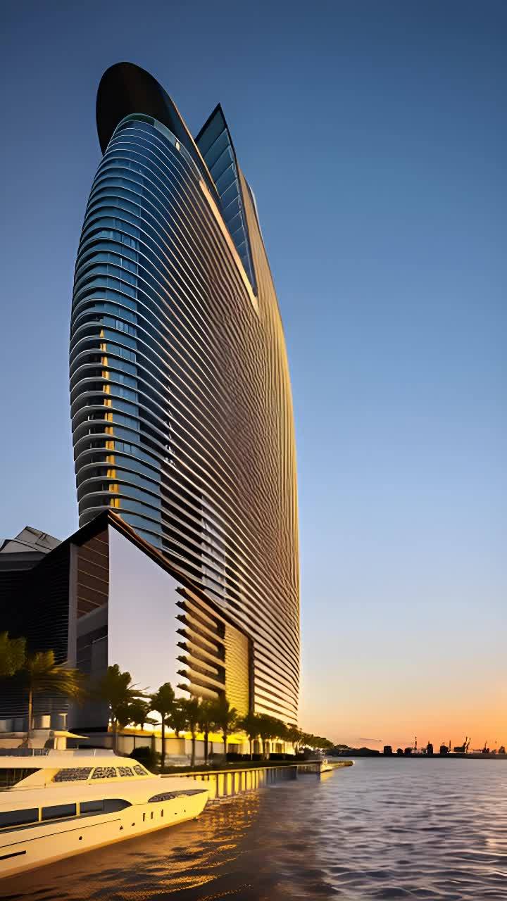 高耸的建筑物保持静止，镜头缓慢地靠近并环绕建筑物移