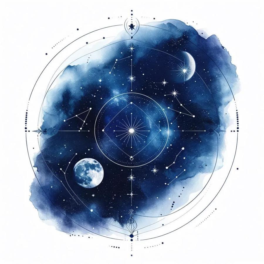 一个以太空为主题的设计，包含星星、月亮等天体符号，