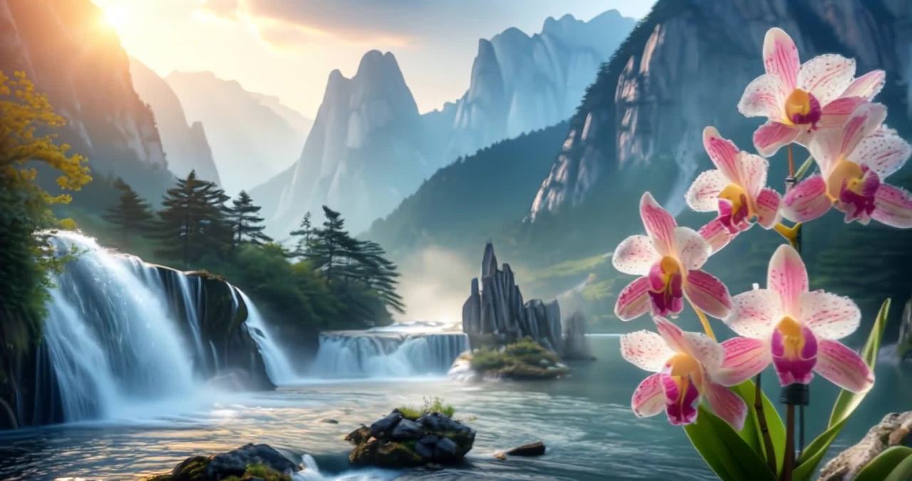 一束盛开的粉色兰花，花瓣上带有白色斑点，位于画面右