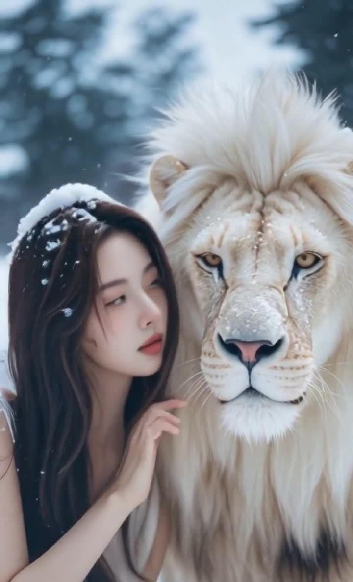 雪地女子与白狮，温暖相依情景图。