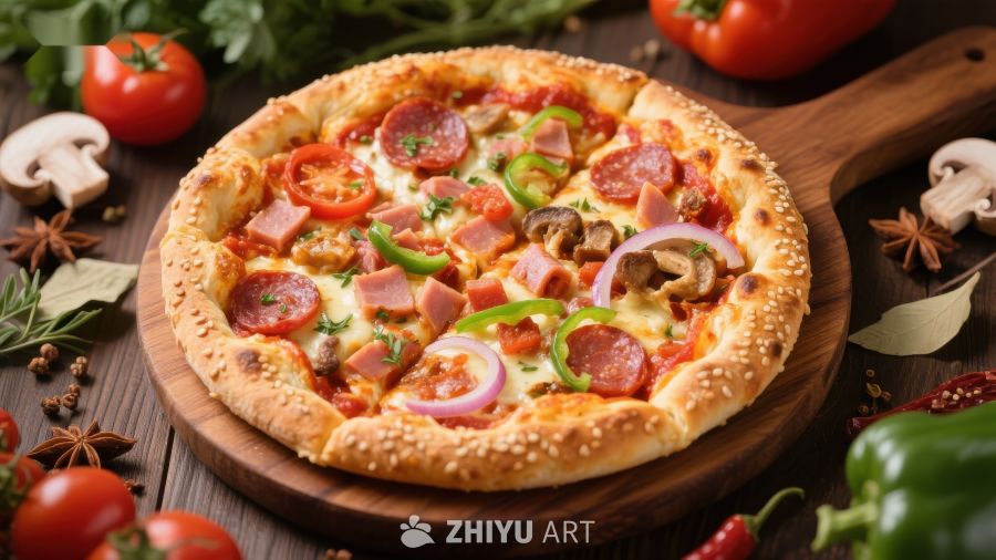美味披萨配蔬菜和香料