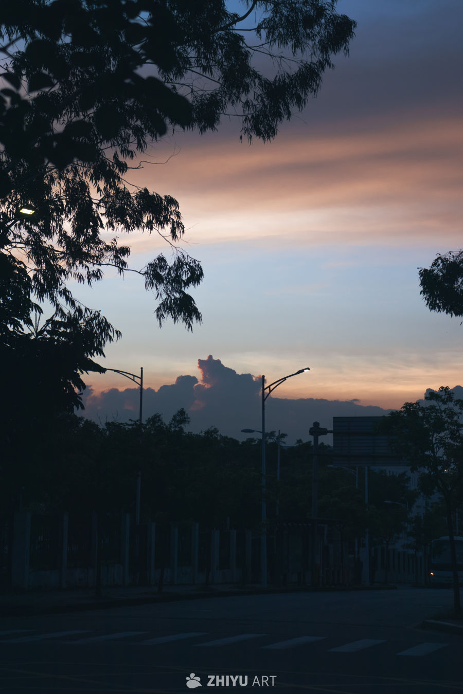 黄昏街道的静谧剪影